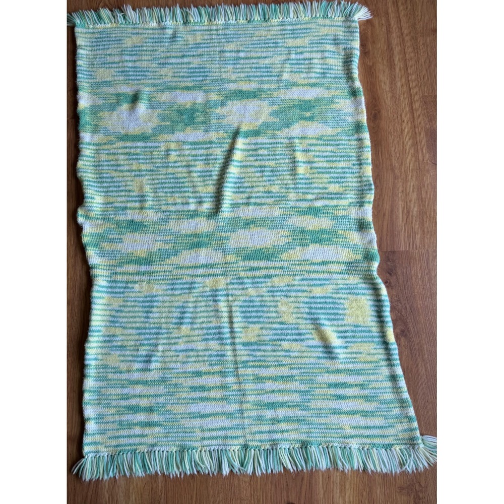 Handmade Knit Baby Blanket Mint Green Yellow White Variegated Fringe 36x56